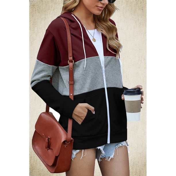 Women Hooded Coat, Easy To Match Fashionable Women Zipper Coat Side Pockets For Office ANGGREK Vino Tinto L