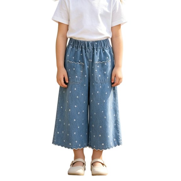 Otqutp Toddler Girls Wide Leg Cute Print Jeans Baggy Elastic Waist Cropped Denim Pants Kids Y2k Vintage Ankle Length Trouser Clothes