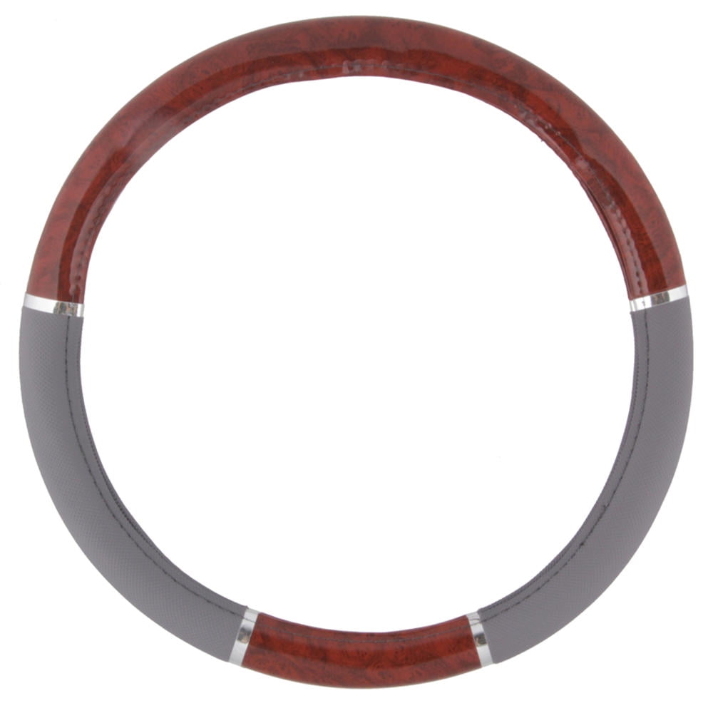 BDK Dark Wood Grain Steering Wheel Cover for Car, SUV, Van, Premium Syn Leather, Gray,Beige Black Wood