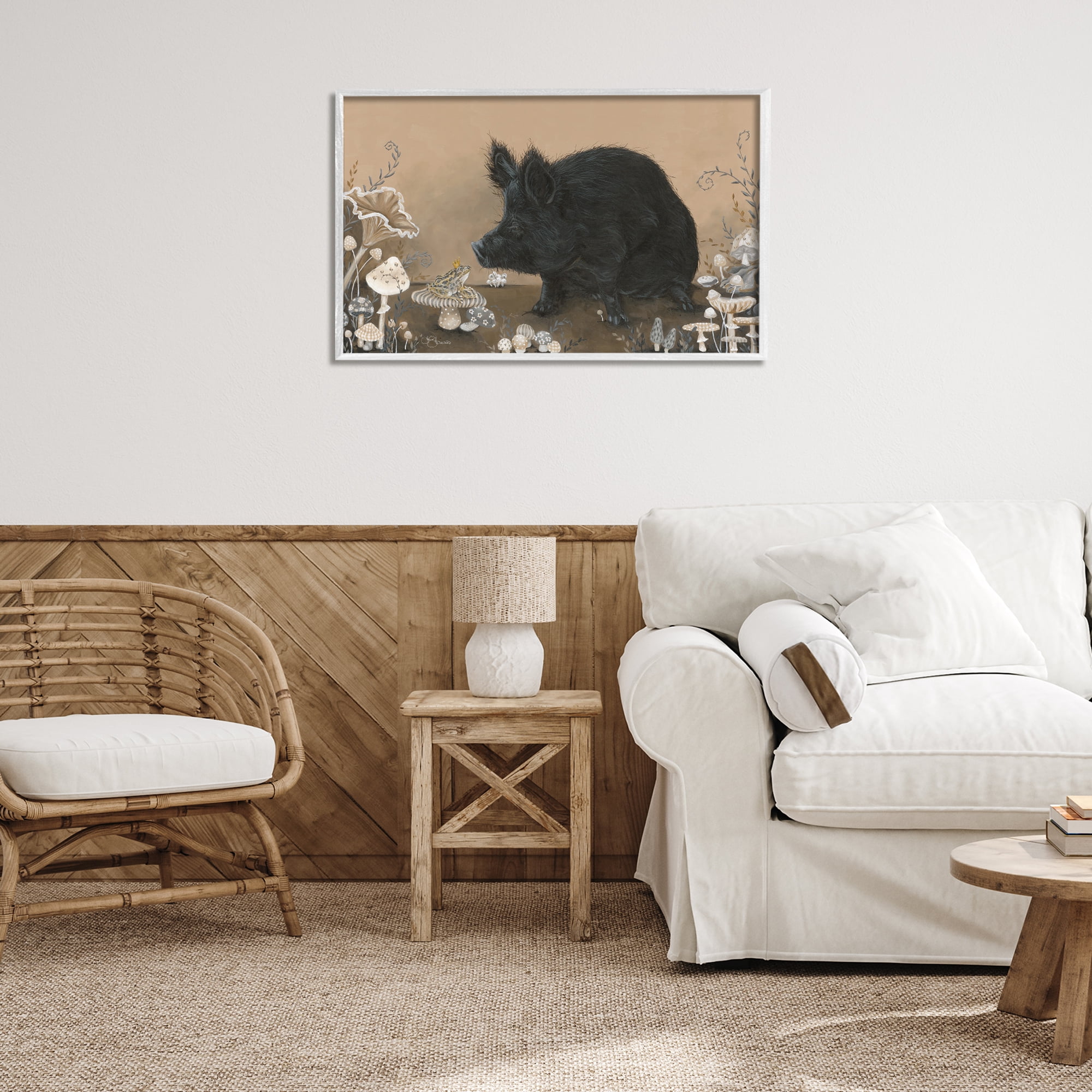Stupell Industries Hog & Frog with Mushrooms Animals & Insects Painting White Framed Art Print Wall Art, 30 x 20