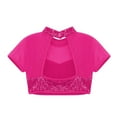 thumbnail image 4 of TiaoBug Kids Girls Sequins Mesh Splice Cutout Back Jazz Hip Hop Modern Dance Crop Tops Mock Neck Tee Blouse Hot Pink 6, 4 of 5