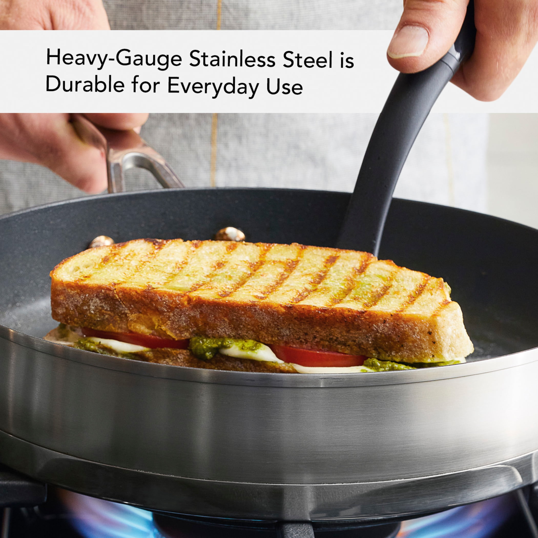KitchenAid 3-Ply Base 10.25 Inch Stainless Steel Nonstick Induction Stovetop Grill Pan, Dishwasher Safe and Oven Safe to 500°F, Brushed Stainless Steel
