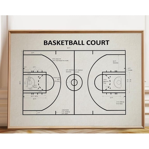 Basketball Court Diagram Wall Art Print, Unframed Paper Poster 8x10in