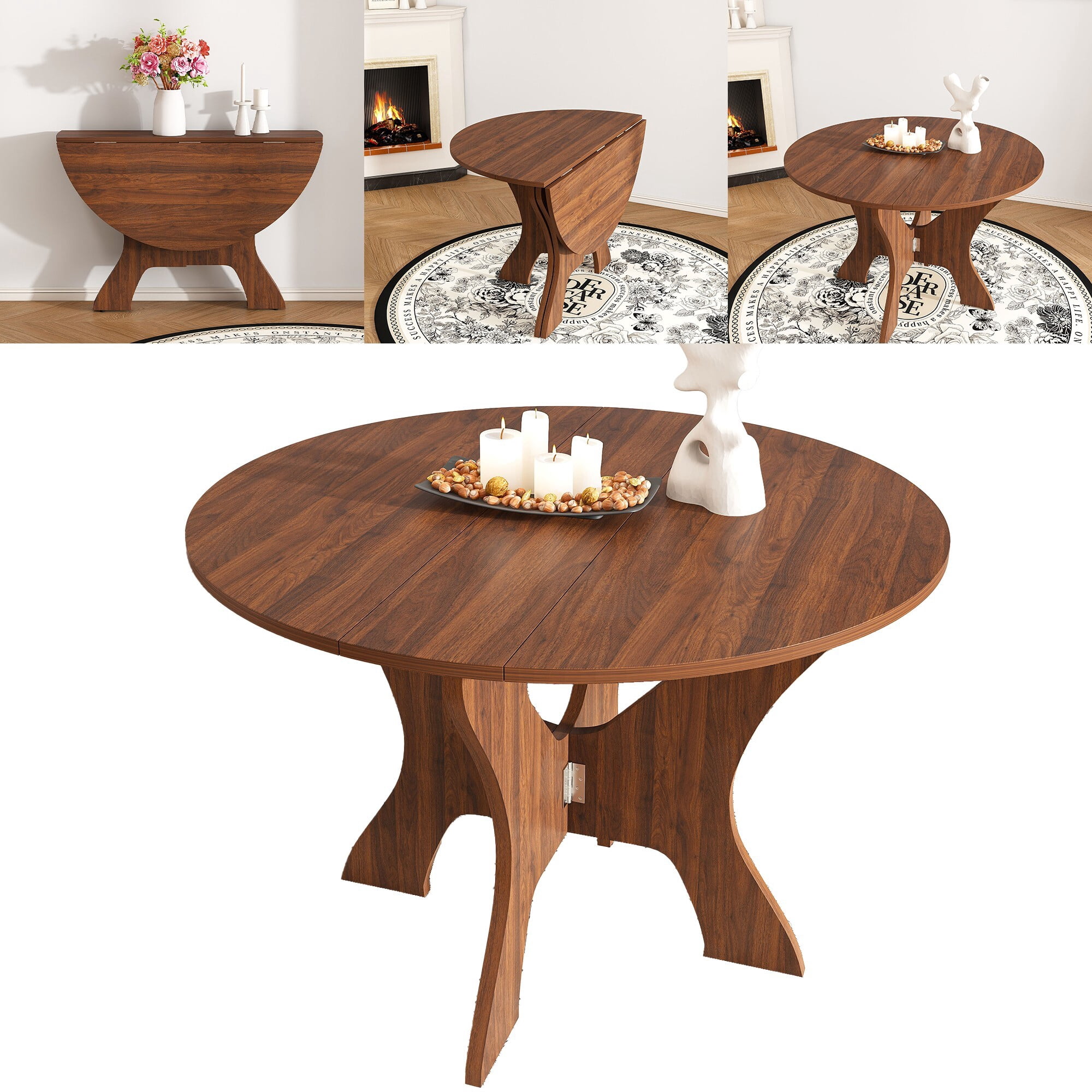 AENKYO 43" Folding Dining Table, Space Saving Drop Leaf Kitchen Table for Small Spaces, Walnut Round Table for 4