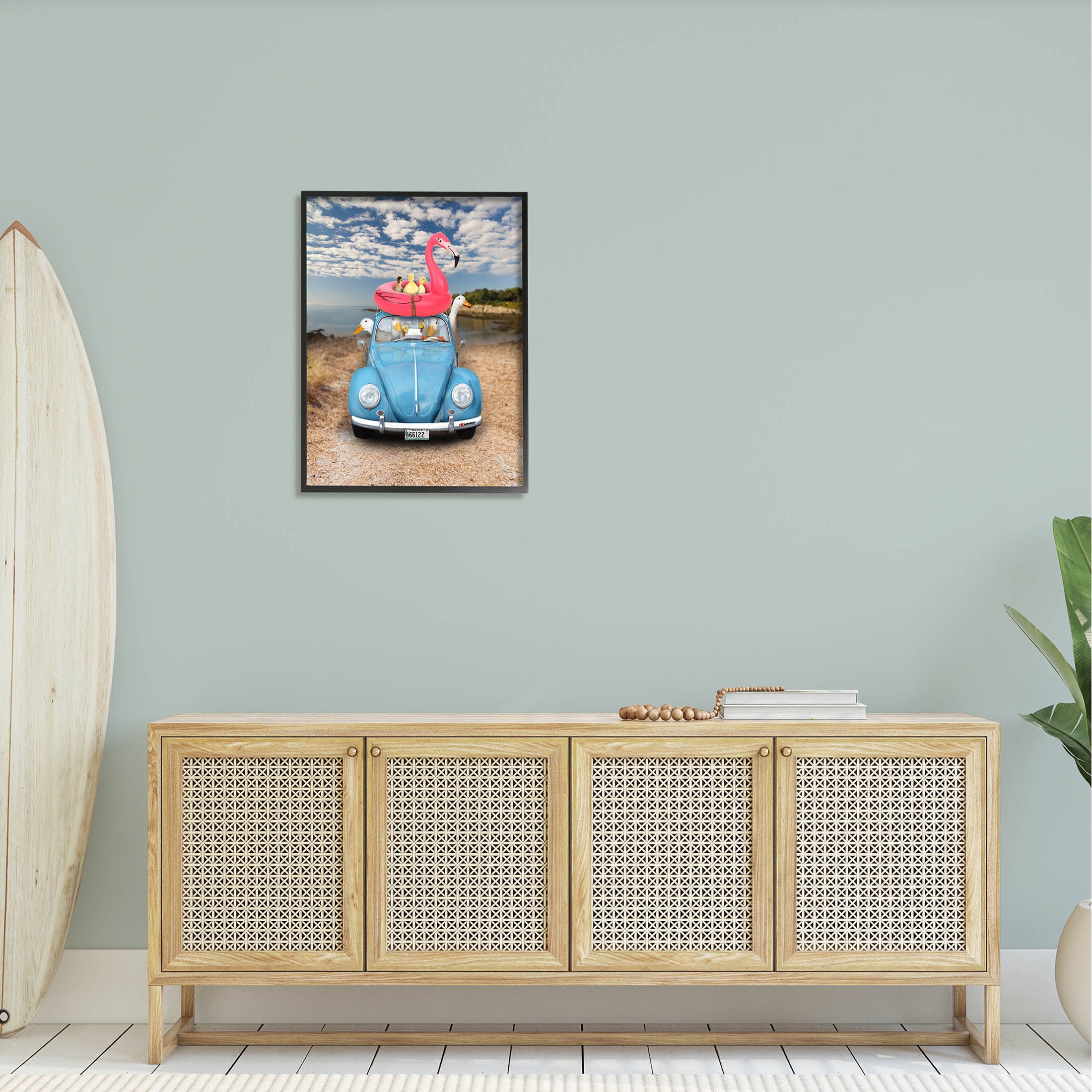 Funny Summer Beach Vacation Geese Animals & Insects Graphic Art Black Framed Art Print Wall Art
