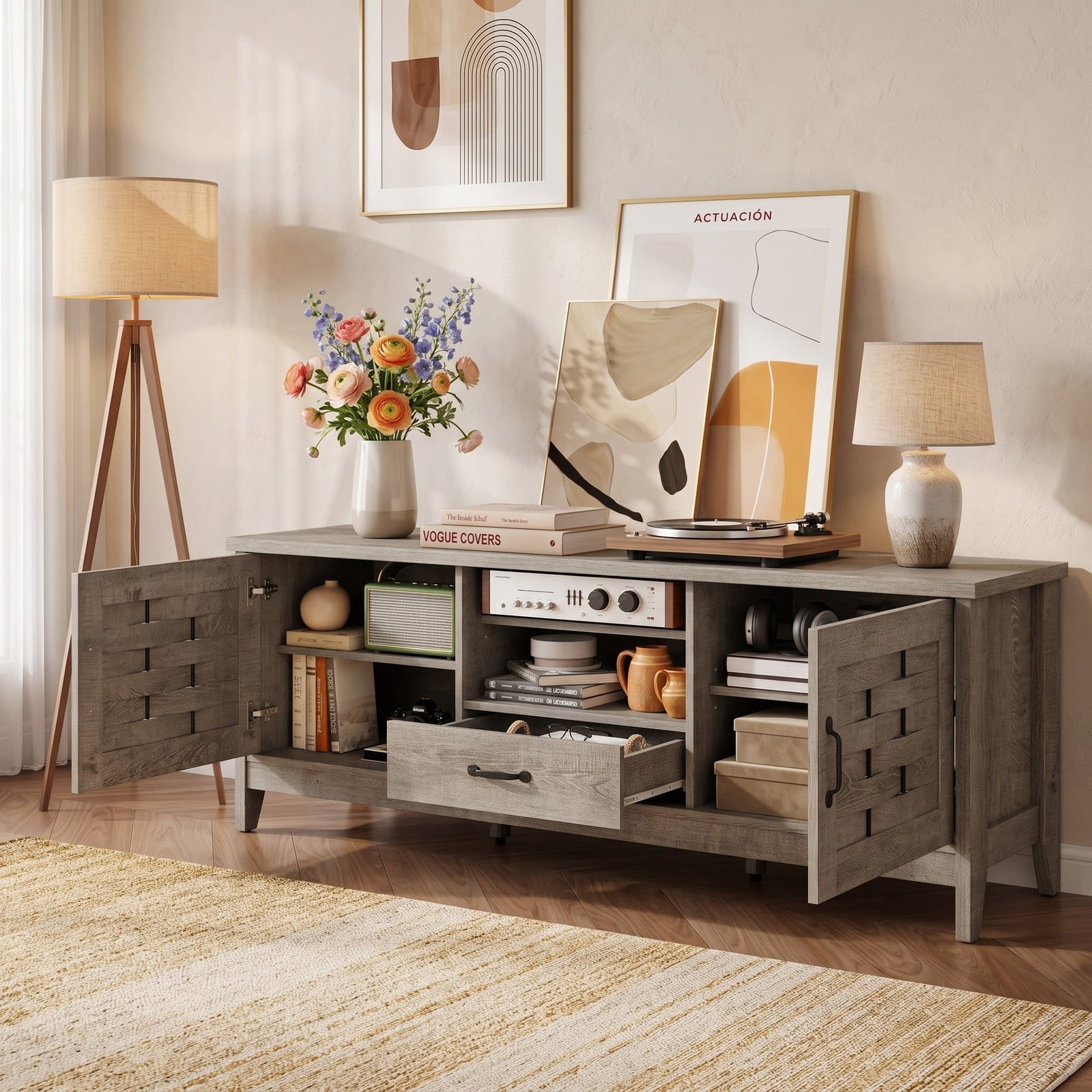 Furnibear Farmhouse TV Stand for 65 Inch TVs, Wood Entertainment Center with 2 Woven Accent Doors, 3 Adjustable Shelves and Drawer, Media Console Table for, Rustic Oak