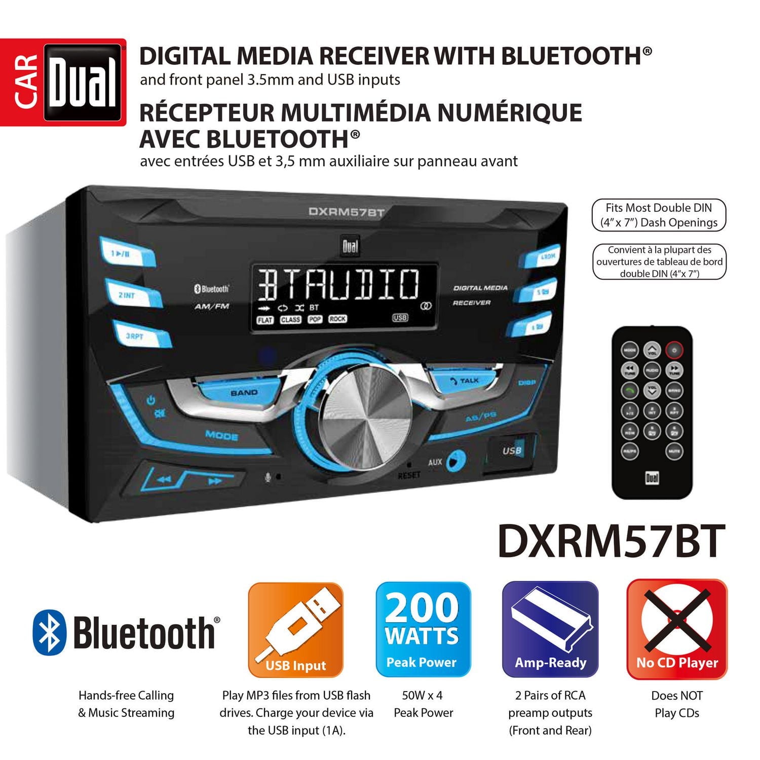 Récepteur stéréo de voiture haute résolution double DIN pour écran LCD haute résolution DXRM57BT Multimédia détachable multimédia avec USB intégré, carte SD, lecteur MP3 et WMA