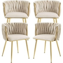 Tzicr Velvet Dining Chairs Set of 4, Modern Woven Upholstered Dining Chairs with Gold Metal Legs,Luxury Tufted Dining Chairs for Living Room, Bedroom, Kitchen (Beige)