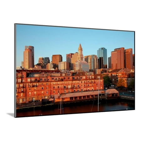 Commerce House Tower Built 1910 And Boston Skyline With Condos Below It At Sunrise As Photogra Wood Mounted Print - 