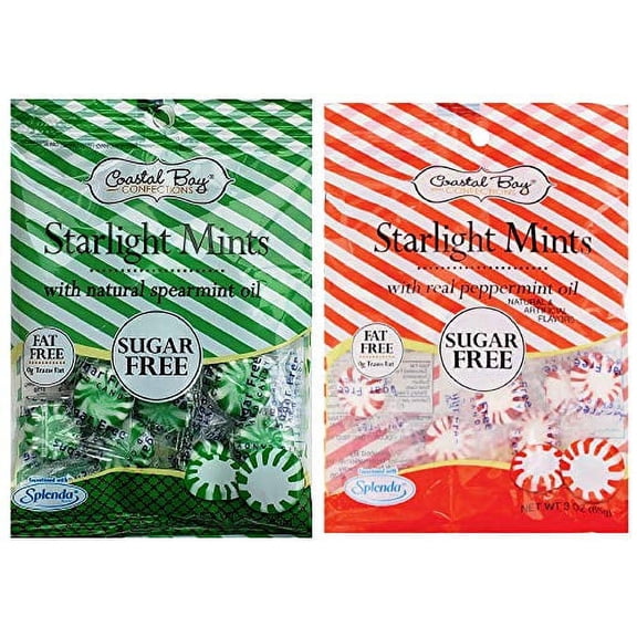 Coastal Bay Confections 1 (3 oz.) Each Sugar Free Bag Starlight Mints With Natural Spearmint Oil and Starlight Mints with Real Peppermint Oil | Holiday Green and Red Candy Variety Mix