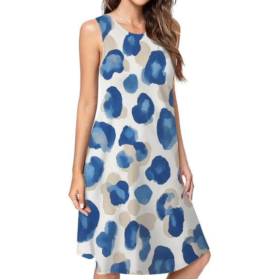 Blue Beige Watercolor Cheetah Print Spring Summer Dresses For Women Fashion Dress Casual Sleeveless Loose Sundress With Pockets