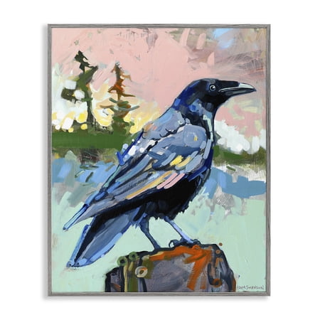 Stupell Industries Modern Crow Portrait Birds Painting Gray Framed Art Print Wall Art, 11 x 14