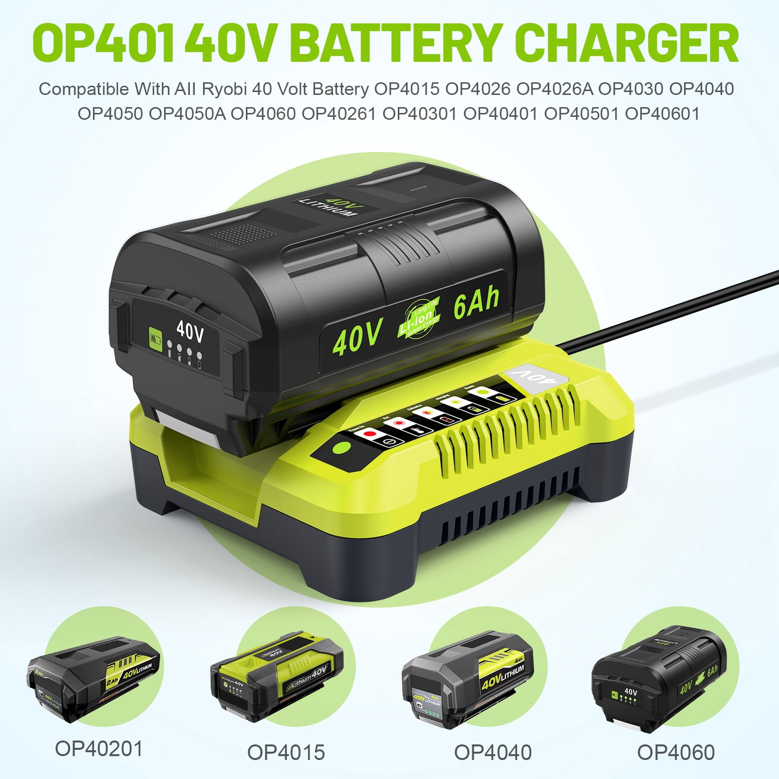 40V OP401 Charger for Ryobi Battery, Lithium-ion Battery Charger for OP4015 OP4026 OP4026A OP4030 OP4040 OP4050 OP4050A OP4060 OP40261 OP40301 OP40401 OP4050