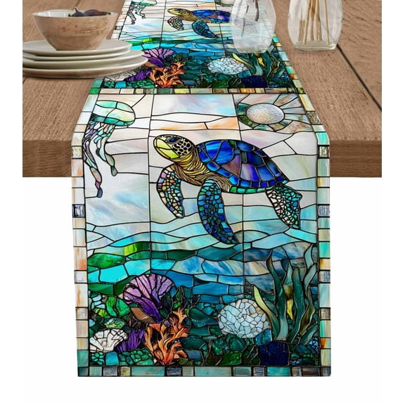 Table Runner Dresser Scarf 13 x 70 Inch Vintage Window Grille Coral Turtle Underwater World Table Runners Non-Slip Heat Kitchen Dining Table Decor for Indoor Outdoor Home Party Decoration