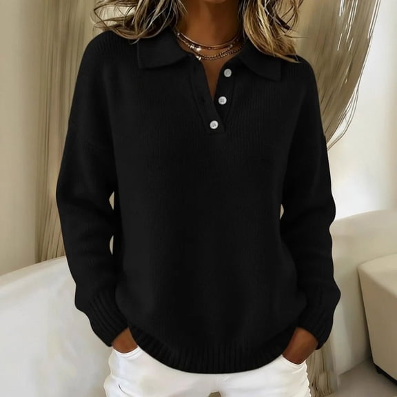 thefmos Women's Button Front Knit Cardigan VNeck Collared Long Sleeve Loose Fit Solid Color Cozy Sweater Casual Fall Winter Clothes, Black 5XL