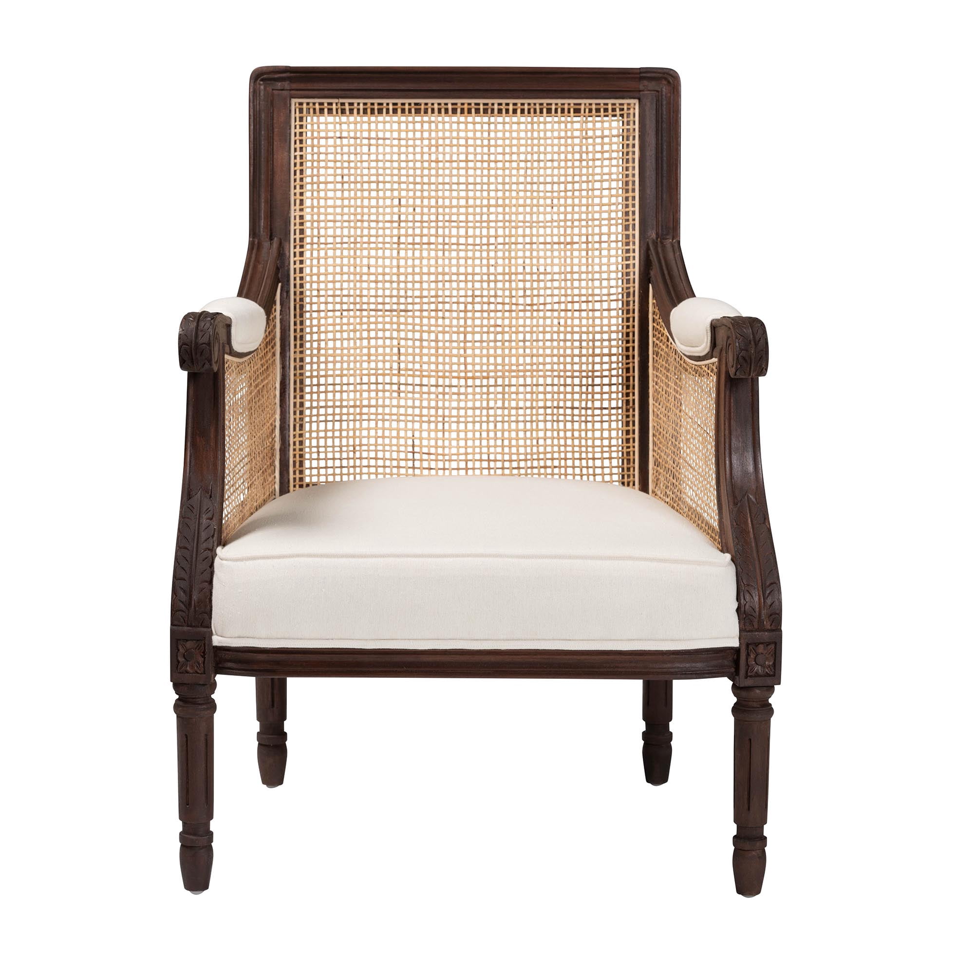 bali & pari Desmond Rattan and Bayur Wood French Provincial Accent Chair, Dark Brown