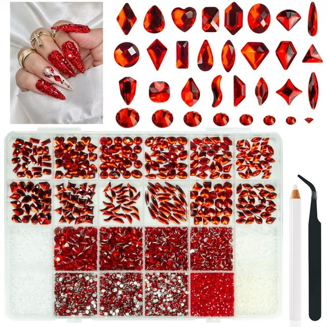 Qiipii - 6010 diamantes de imitación rojo rubí para uñas, 300 gemas de múltiples formas + 5710 cristales redondos de base plana, piedras de uñas rojo Siam, diamantes, joyas, perlas, adornos para decor