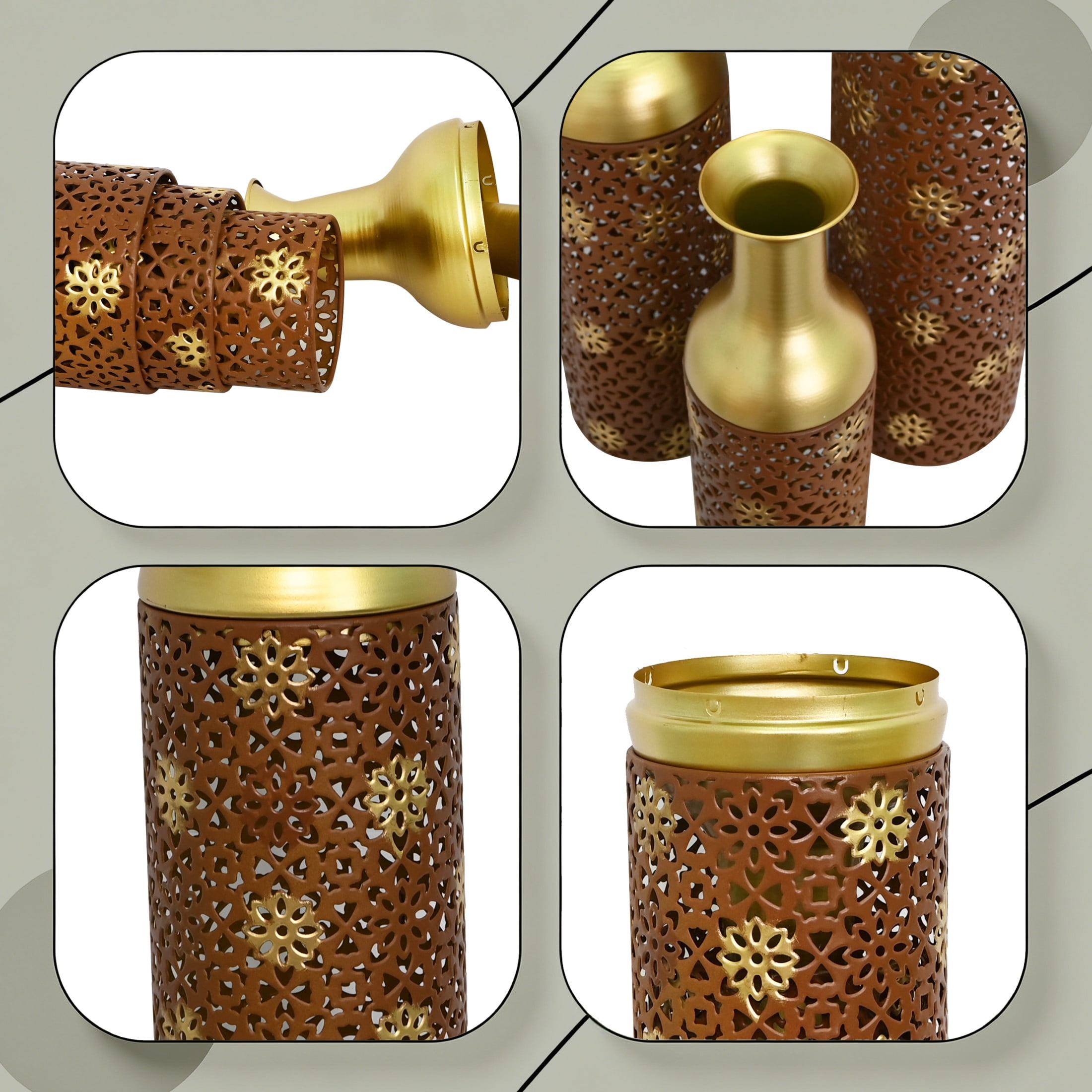 Noble House Set of 3 Decorative Metal Floor Vases, Floral Pattern Tall Vases for Home Decor, Rustic Brown+Gold