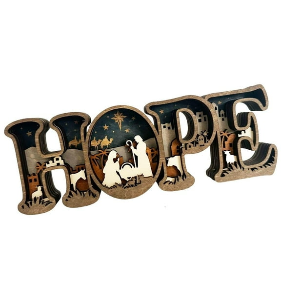 MOMOJIA Handcrafted HOPE Letter Wooden Table Sign with Nativity Scene Carved Ornament Home Decors Safe Nontoxic Decoration