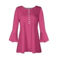thumbnail image 4 of BiZtdJrK V Neck Button Up Top for Women Pleated Front 3/4 Bell Sleeve Casual Tunics Loose Fit Business Work Tunic Tops Summer Savings Hot Pink S, 4 of 6