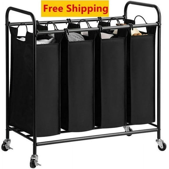 4-Bag Laundry Sorter Cart, Rolling Laundry Storage Hamper with Removable Bags and Brake Casters, Black