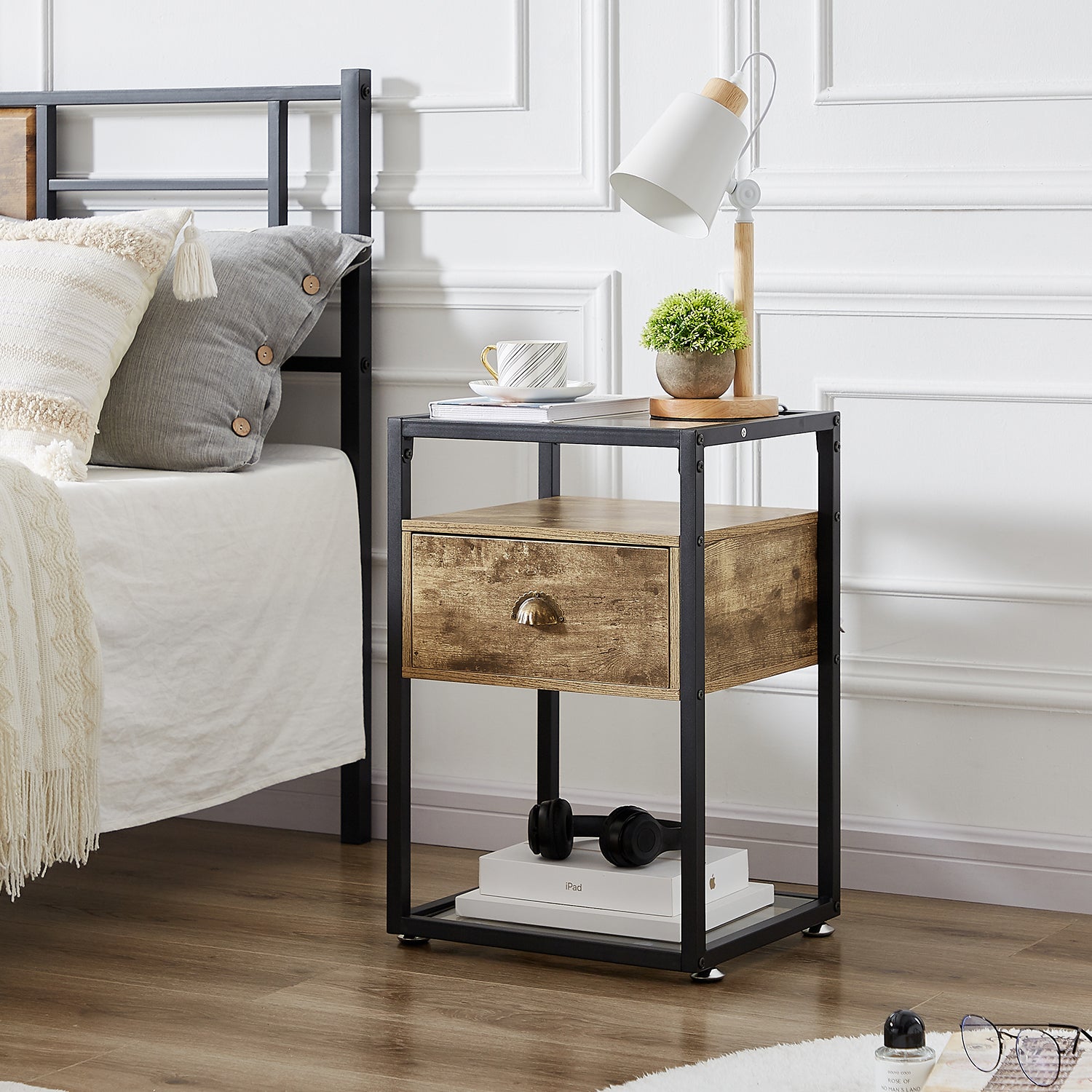 VECELO Tempered Glass Top Nightstand with Drawer, Modern Bedside/Sofa