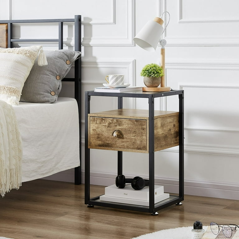 VECELO Tempered Glass Top Nightstand with Drawer Modern Bedside Sofa Side End Table for Bedroom Living room Gray