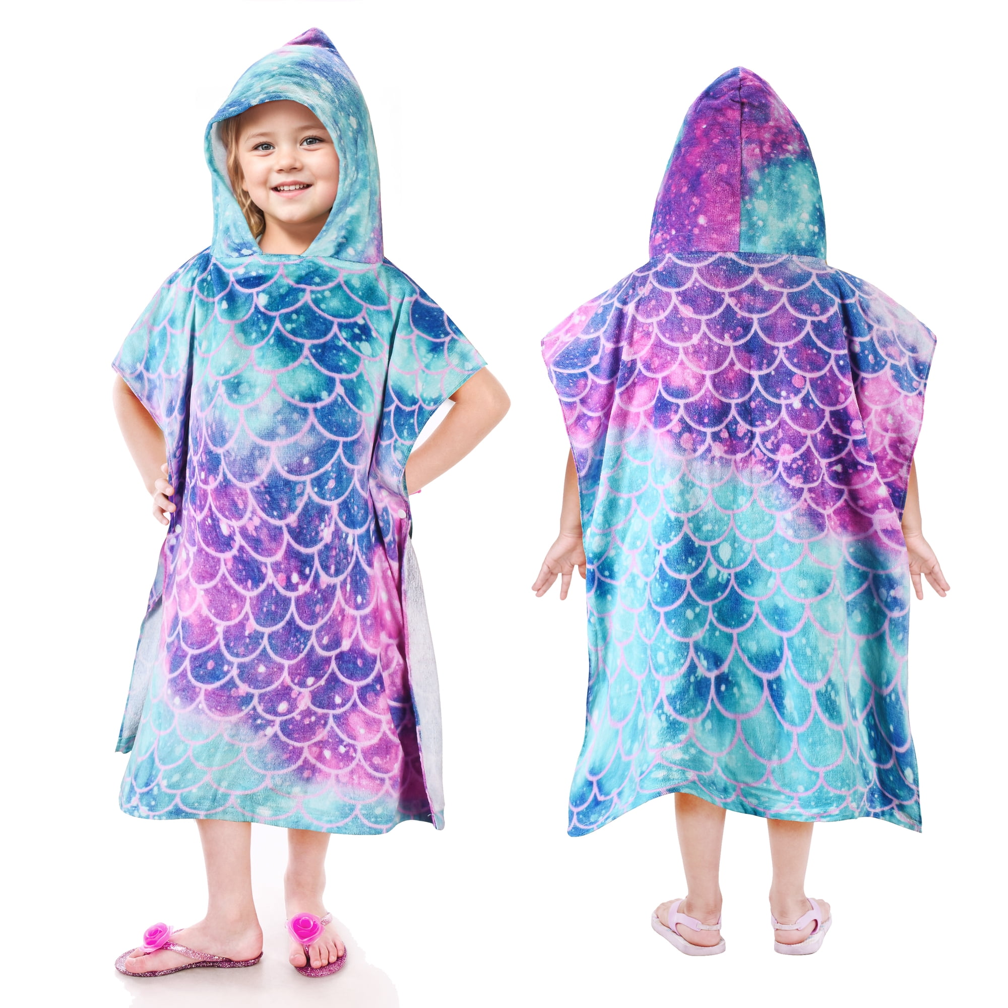 Cute Child Cotton Hooded Poncho Towels Mermaid Cartoon Changing Robe Swimmer Outdoor Beach 23” x 52” By Tirrinia