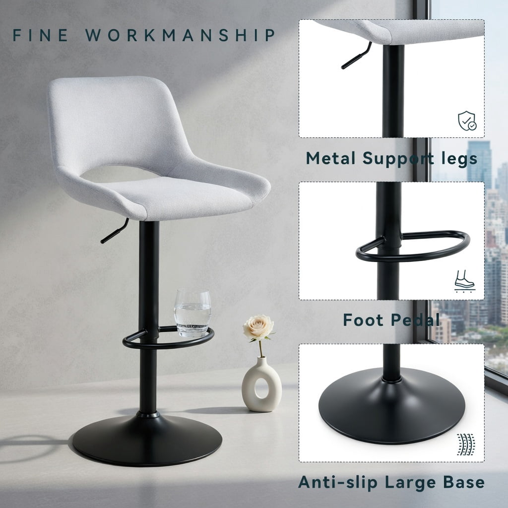 Hommoo 2-Pack Modern Swivel Bar Stools, Adjustable Height, Linen & Black Metal, 360° Rotation, 250 lb Capacity, for Kitchen Island & Home Bar, Light Gray