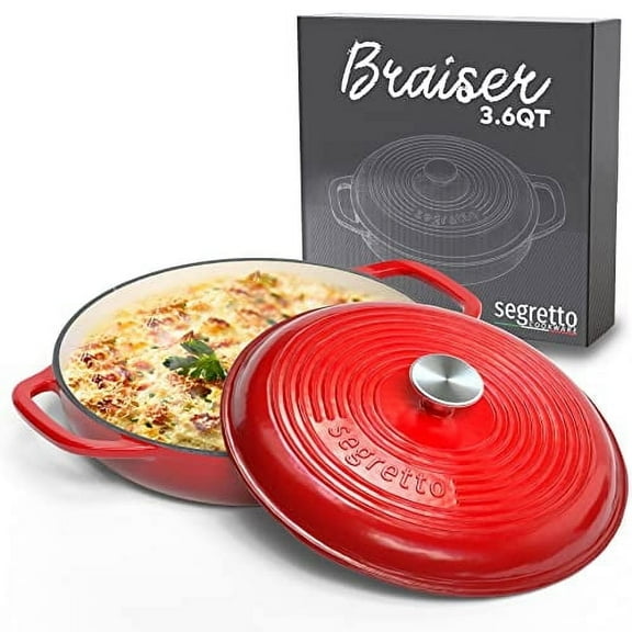 Segretto Cookware 3.6 Qt Enameled Cast Iron Dutch Oven Braiser Pan with Lid – Red Casserole Dish, Enamel Cookware with Handles
