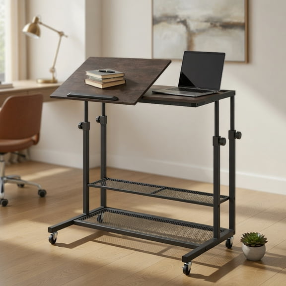Resenkos Mobile Height-Adjustable Standing Desk with Tilting Tabletop - Black Oak/Black