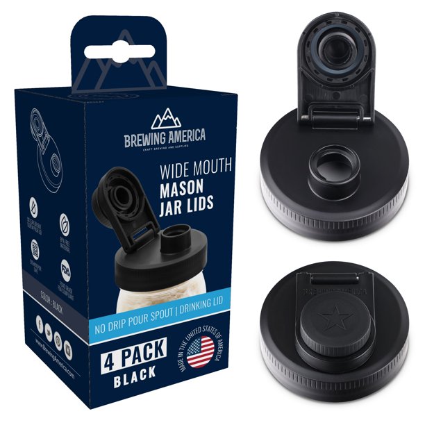 Mason Jar Lids Wide Mouth Plastic Leak Proof Flip Cap Black 4 Pack
