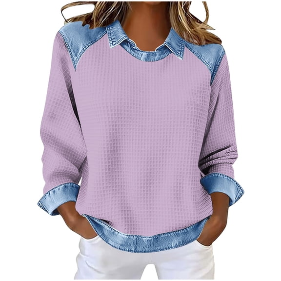 GUACER Women's Waffle Knit Long Sleeve Tops Denim Collar Contrast Trim Loose Fit Casual Everyday Wears