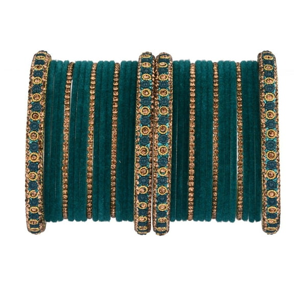 Efulgenz Boho Velvet Bangle Indian Bangle Set CZ Crystal Rhinestone Green Bracelet Bangle Wedding Bridal Jewelry for Women Size-2.6