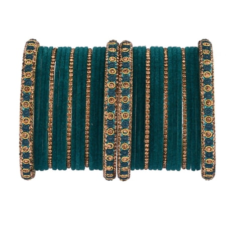 Efulgenz Boho Velvet Bangle Indian Bangle Set CZ Crystal Rhinestone Green Bracelet Bangle Wedding Bridal Jewelry for Women Size-2.6