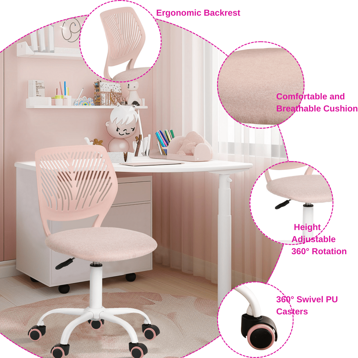 Homy Casa Kids Desk Chair, Adjustable Student Chair for Study, School or Bedroom, Pink