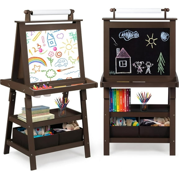 Art Easel for Kids, 3 in 1 Wooden Toddler Easel w/Magnetic Whiteboard, Chalkboard & Paper Roll, Standing Painting Easel with Shelves & 2 Storage Bins, for Boys Girls, Coffee