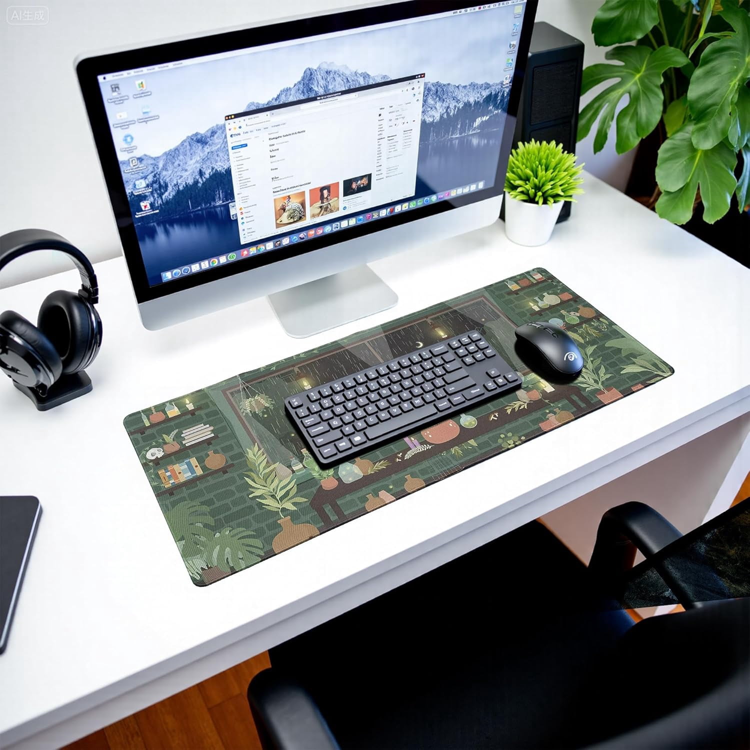 Dark Green Leaves Mouse Pad Abstract Cat Mouse Pad 31.5x11.8 Inch Aesthetic Flower Texture Non-Slip Rubber Base Large Mousepad Stitched Edges Keyboard Mouse Mat Desk Pad for Office and Home