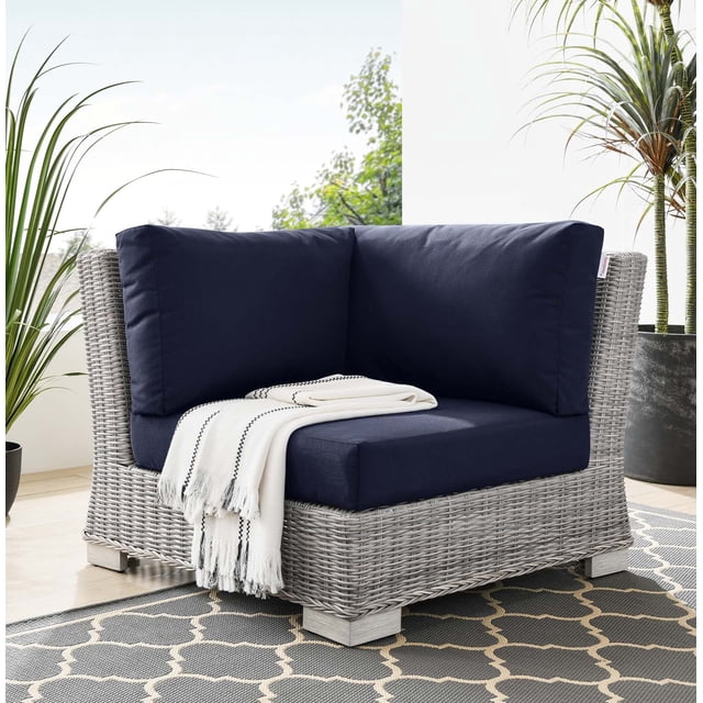 Modway Conway Outdoor Patio Wicker Rattan Corner Chair in Light Gray Navy