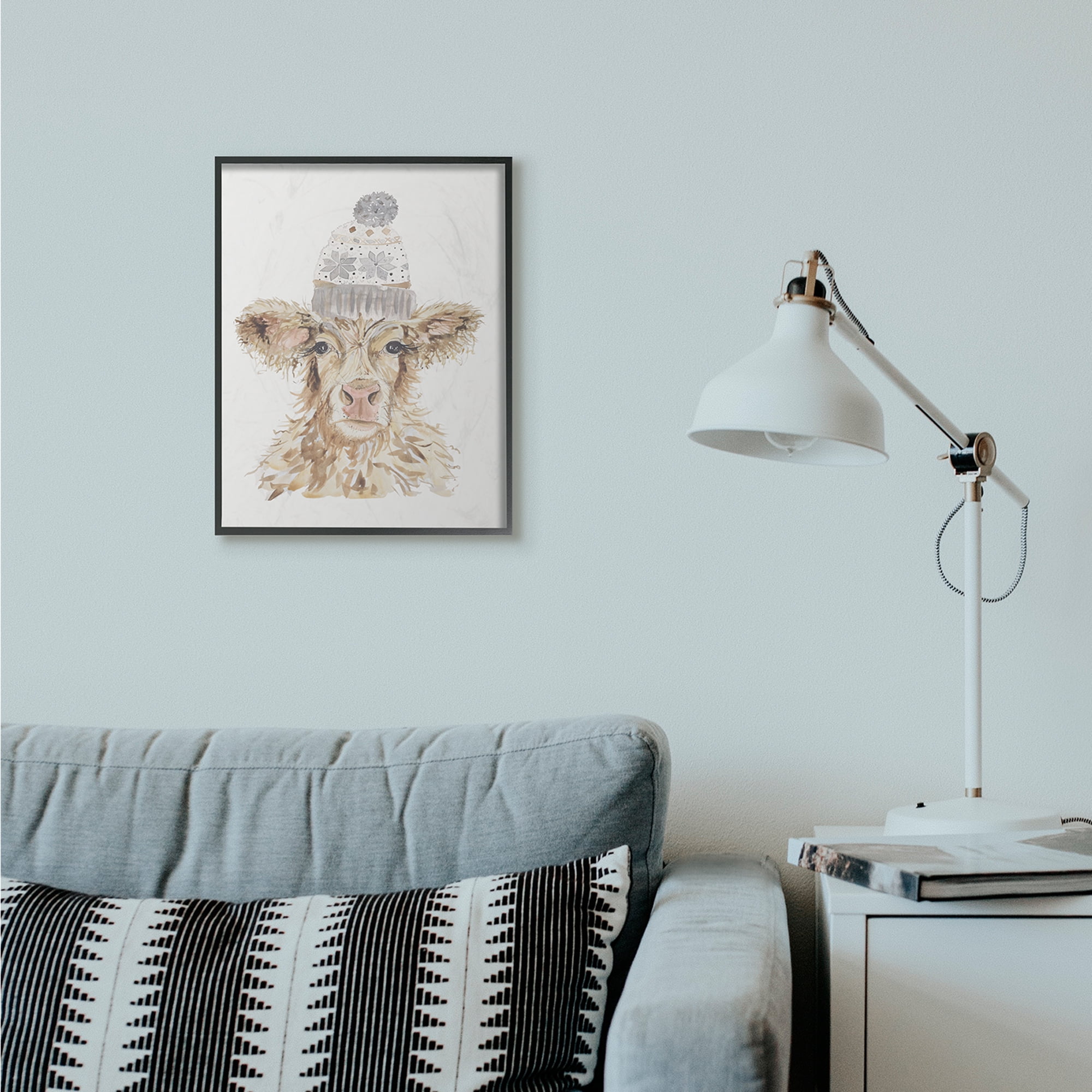 Stupell Industries Cow With Beanie Hat Winter Farm Watercolor Painting Black Framed Art Print Wall Art, 16x20, by Hollihocks Art