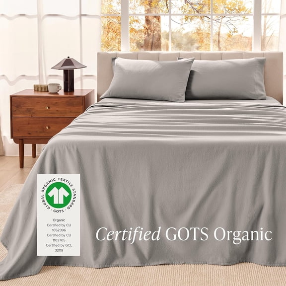 Organic Cotton Flannel Sheet Set - King Size - Cotton - Double Brushed for Extra Softness & Comfort - Warm, Cozy, and - Breathable - Bed Sheets (King, Light Grey)