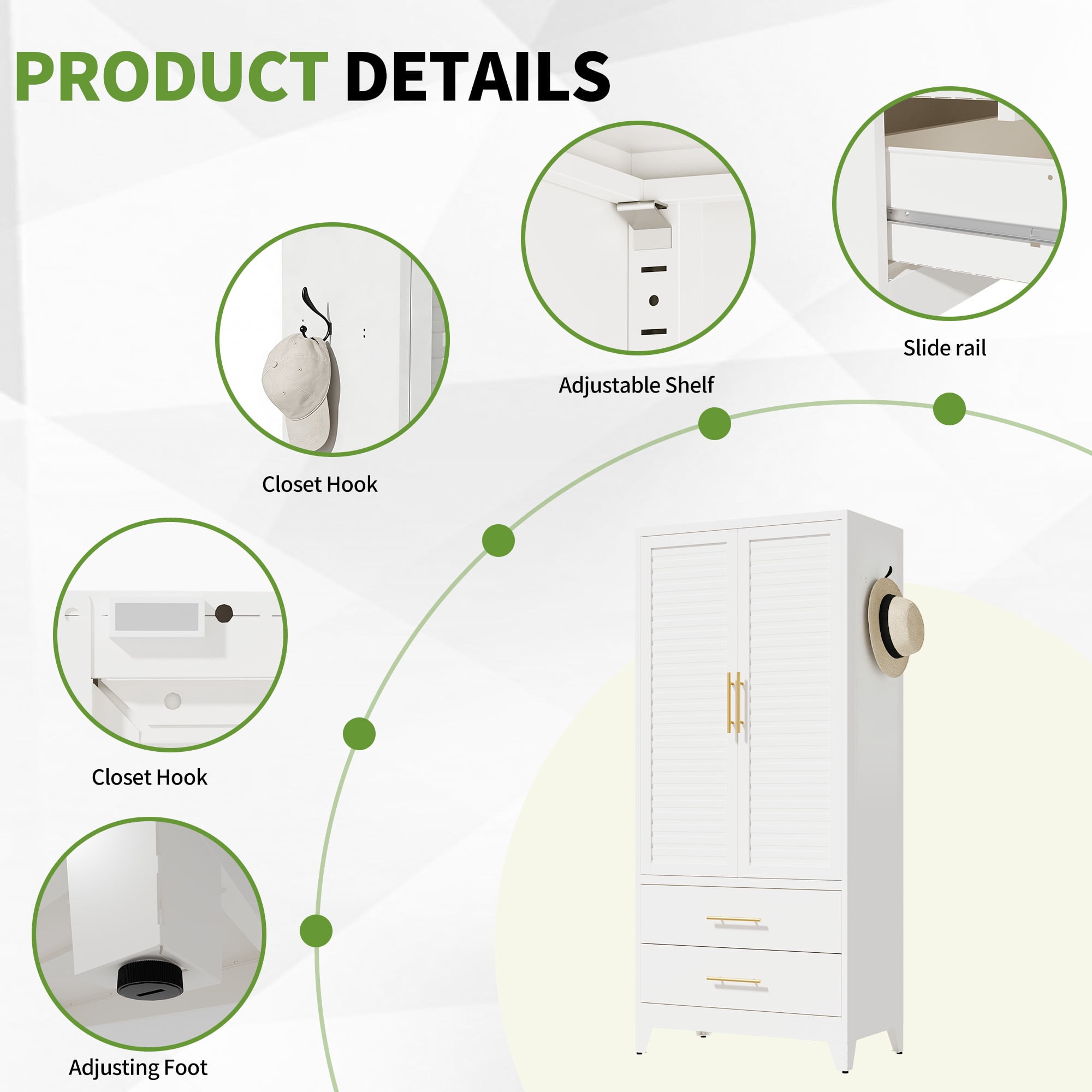 avobird 71" Tall Metal Wardrobe Cabinet with 2 Doors, Wardrobe Closet with Shelf, Lightweight Closet for Small Apartments, Dorm, Renters, Cold Rolled Steel, White