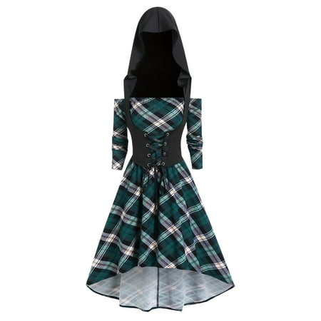 

Ladies Christmas Plaid Patterned Patchwork Long Sleeved Two Piece Gothic Vintage Dress Set Larp Women