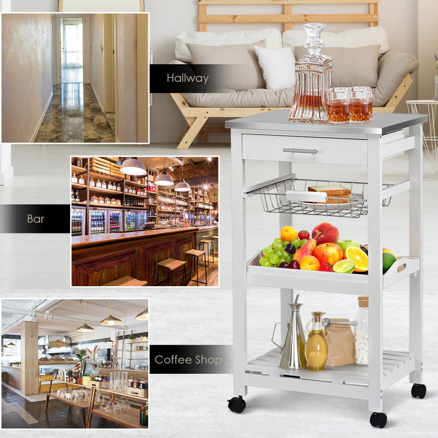 Finihen Rolling Cart, Kitchen Island Cart, Kitchen Island Cart with Stainless Steel Tabletop and Basket, for Kitchen, Dining Room, White Finihen Rolling Cart, Kitchen Island Cart, Kitchen Island Cart with Stainless Steel Tabletop and Basket, for Kitchen, Dining Room, White