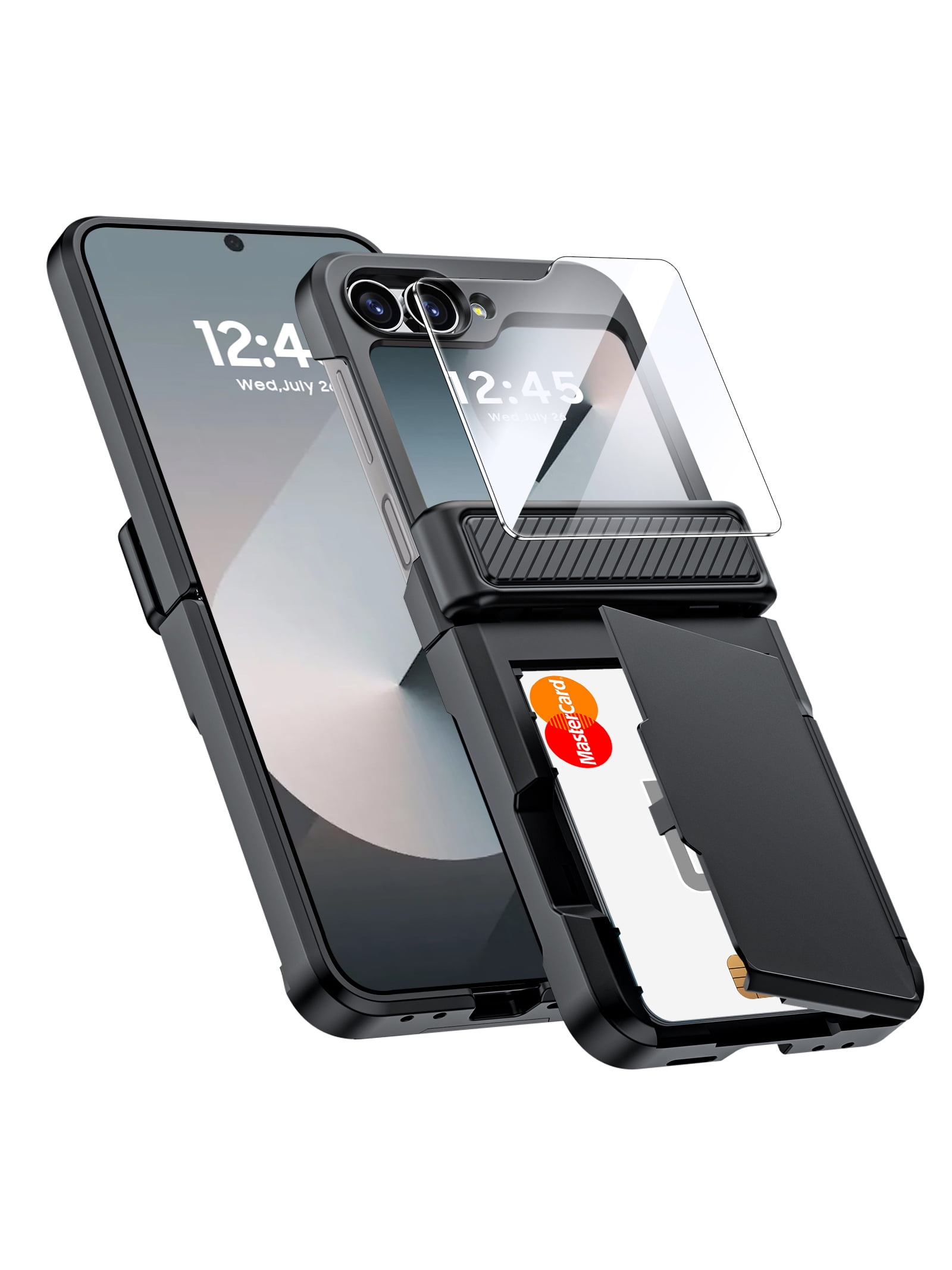 Vizvera for Samsung Galaxy Z Flip 6 Phone Case with Card Holder RFID Blocking,Built in Hinge Protection, Screen Protector-Black