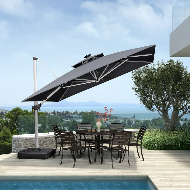 Purple Leaf 11ft Deluxe Square Solar Powered LED Patio Umbrella with Base, Large Offset Cantilever Umbrella with 360 Rotation, Gray