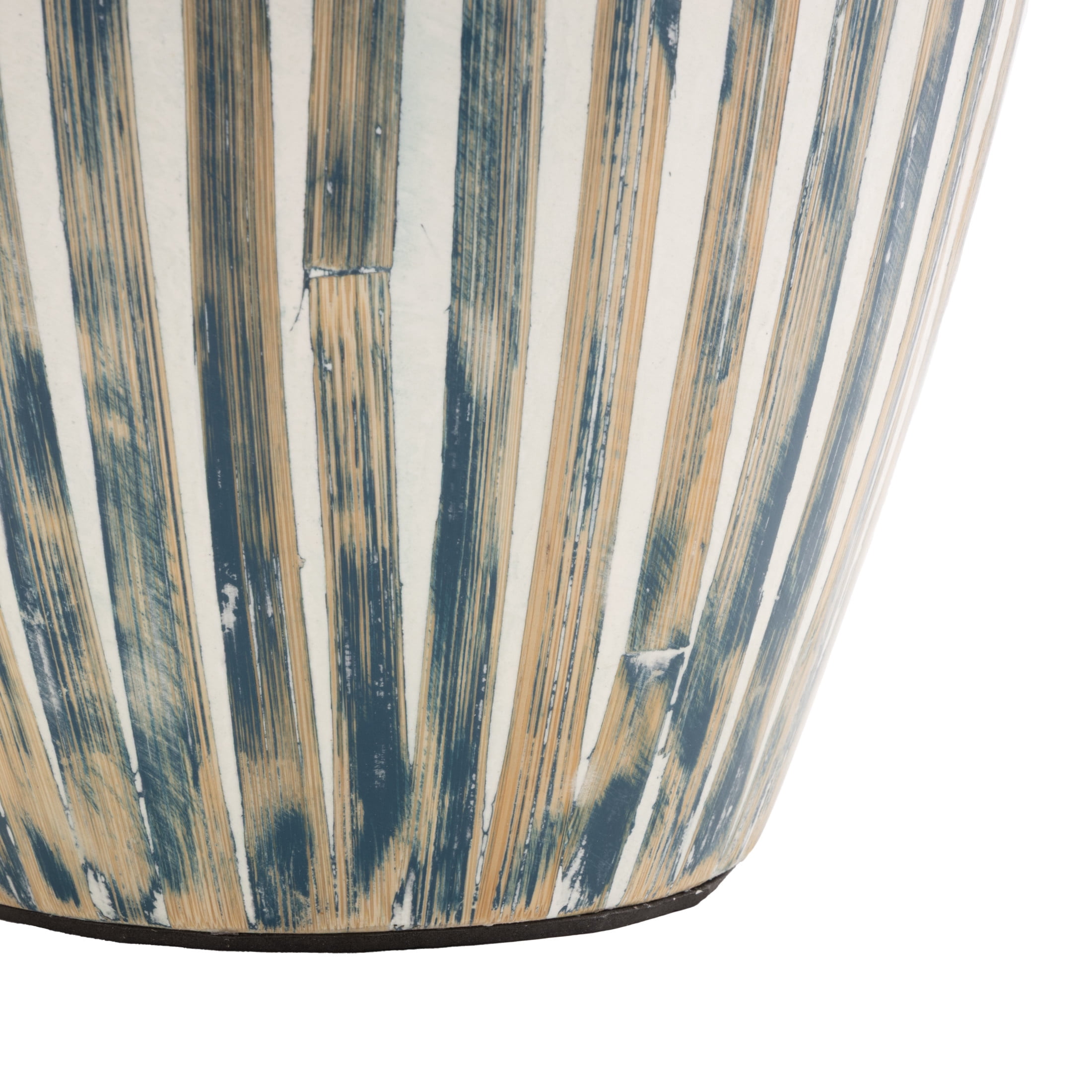 DecMode 14" Brushed Blue Bamboo Wood Vase with Cream Accents and White Stripes