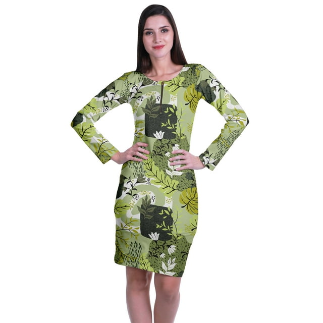 Moomaya Robe Moulante Imprimée pour Femmes à Manches Longues, Longueur Midi