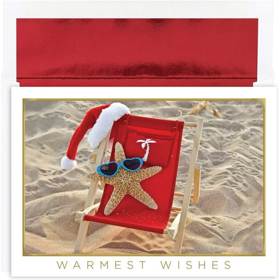 Masterpiece Studios Warmest Wishes 16-Count Boxed Christmas Cards with Foil-Lined Envelopes, 7.8" x 5.6", Starfish Santa (924200)