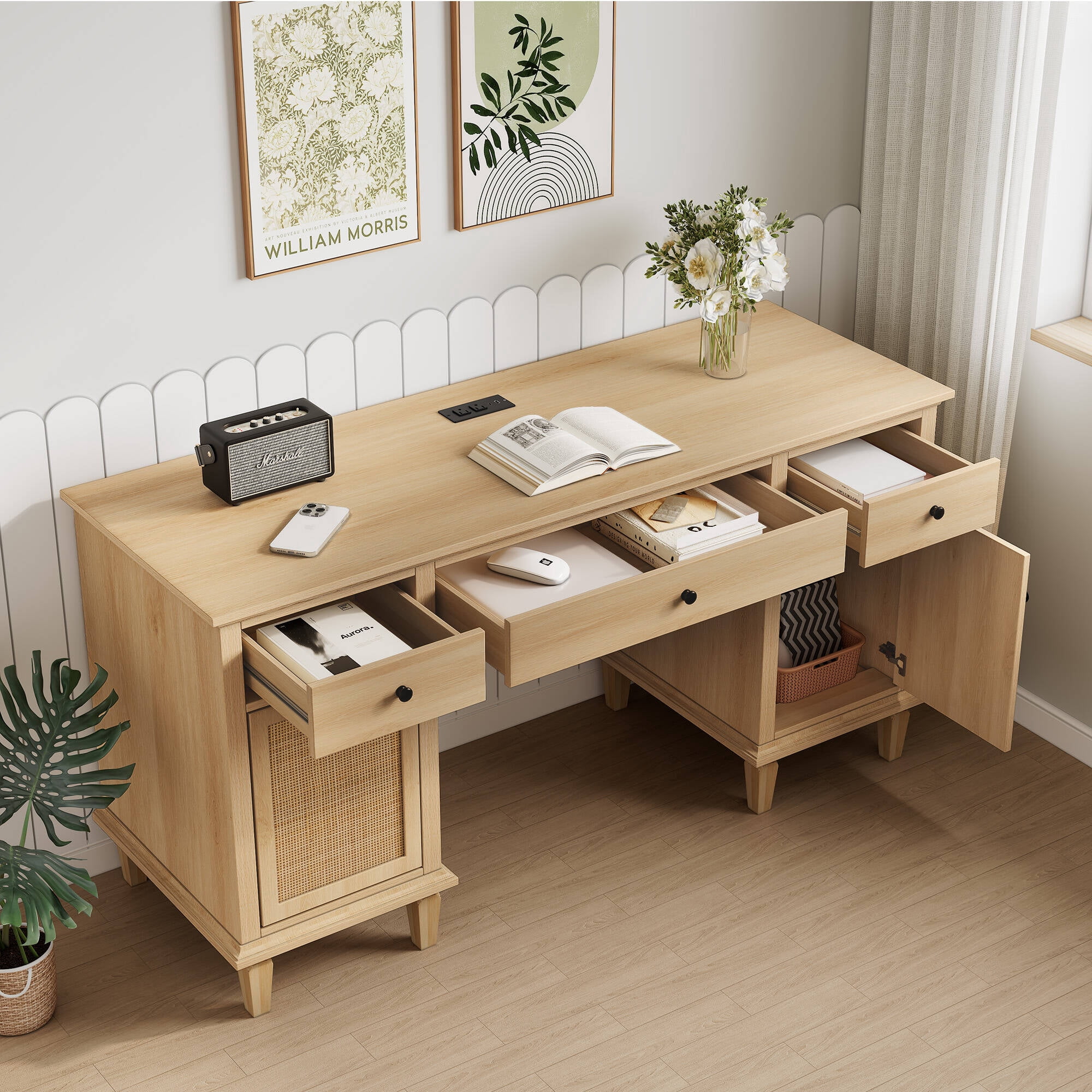 Brafabhome 58" Executive Desk with Power Outlets, Modern Study Writing Table with Drawers Wooden Computer Desk with large Laptop Space for Bedroom Home office | Beige
